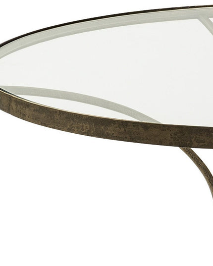 36" Antiqued Gold And White Glass Iron and Marble Round Pedestal Coffee Table