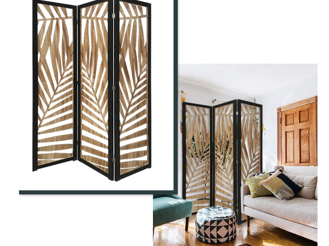 3 Panel Room Divider With Tropical Leaf Design