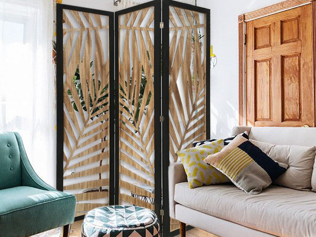 3 Panel Room Divider With Tropical Leaf Design