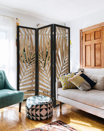 3 Panel Room Divider With Tropical Leaf Design