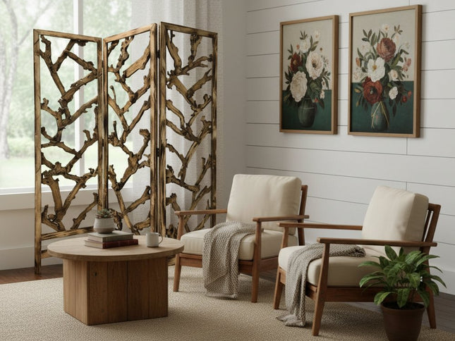Rustic Earthy Wood Root Three Panel Room Divider Screen