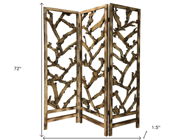 72" Brown Solid Wood Folding Three Panel Screen Room Divider