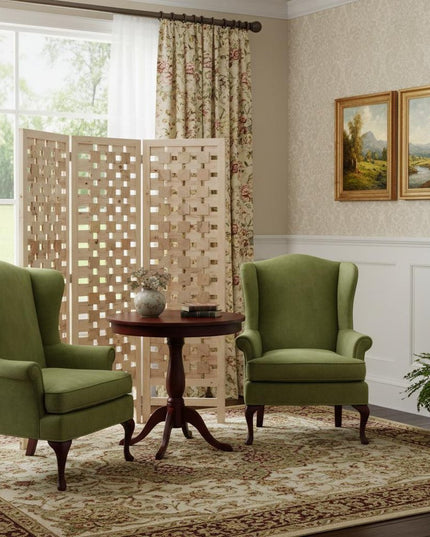 3 Panel Pink Room Divider With Cut Square Wood Design