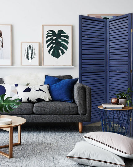 67" Dark Blue Solid Wood Folding Three Panel Screen Room Divider