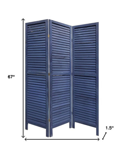 67" Dark Blue Solid Wood Folding Three Panel Screen Room Divider