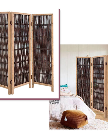 71" Brown Solid Wood Folding Three Panel Screen Room Divider