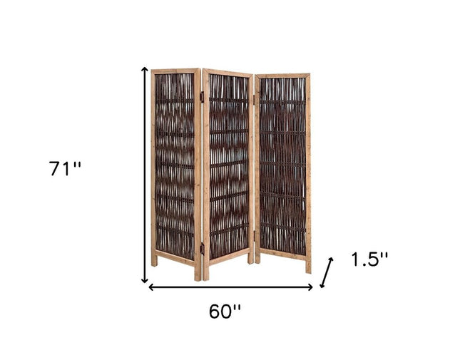 71" Brown Solid Wood Folding Three Panel Screen Room Divider