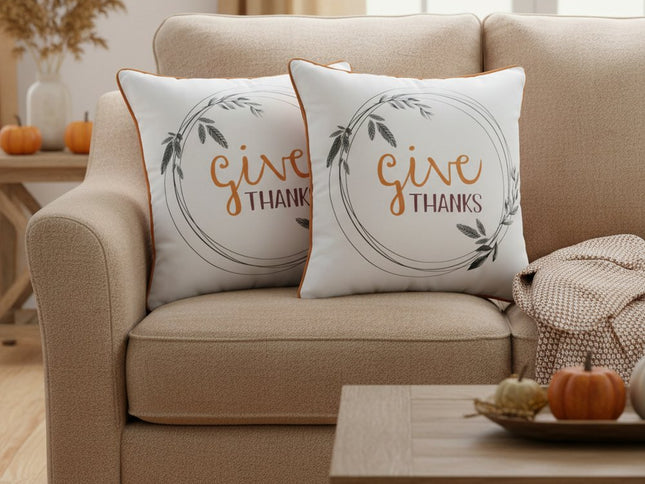 Set of Two Orange and White Give Thanks Throw Pillow Covers