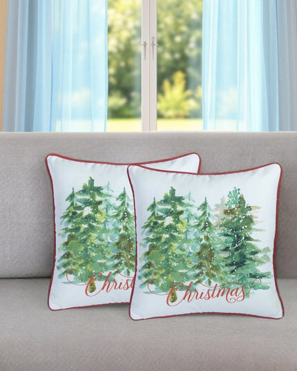 Set of Two 18" Green Red And White Christmas Christmas Trees Fabric Throw Pillow Covers