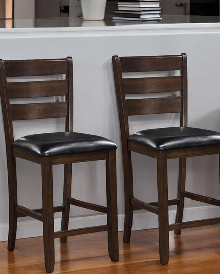 Set of Two 41" Black and Brown Faux Leather and Solid Wood Counter Height Bar Chairs