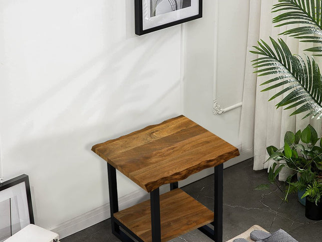 24" Brown And Black Solid Wood And Iron Square Frame End Table With Shelf