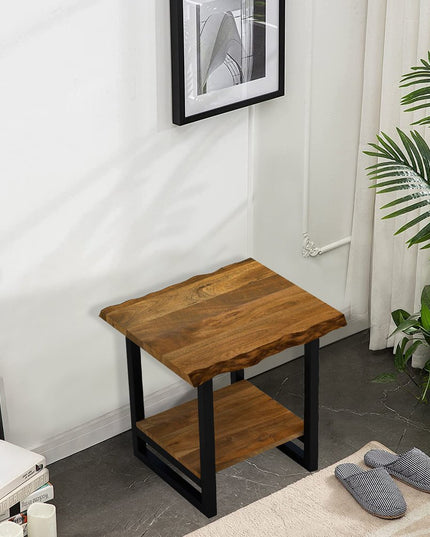 24" Brown And Black Solid Wood And Iron Square Frame End Table With Shelf