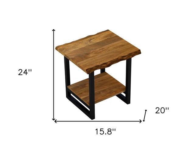 24" Brown And Black Solid Wood And Iron Square Frame End Table With Shelf