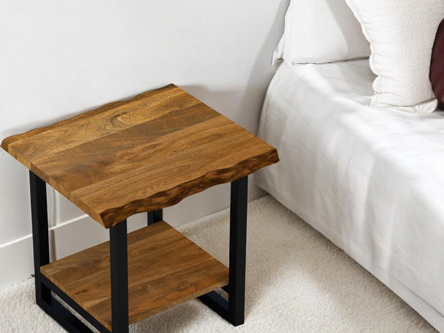 24" Brown And Black Solid Wood And Iron Square Frame End Table With Shelf