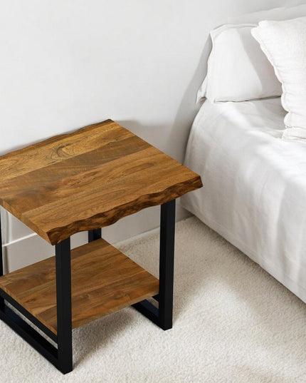 24" Brown And Black Solid Wood And Iron Square Frame End Table With Shelf