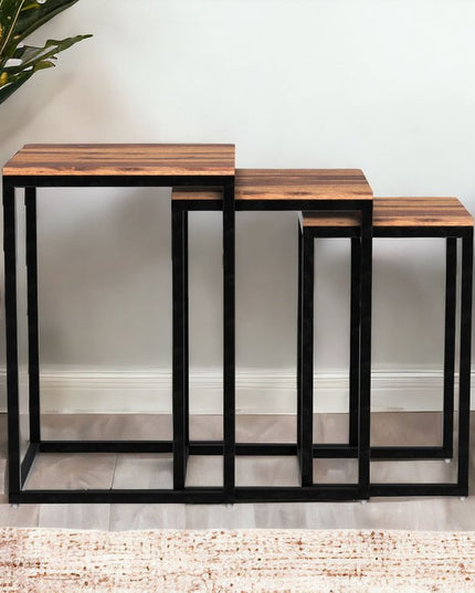 Set of Three 17" Black And Brown Solid Wood Nested Tables