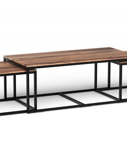 Set of Three 47" Natural And Black Solid Wood And Iron Coffee Table