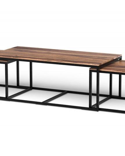 Set of Three 47" Natural And Black Solid Wood And Iron Coffee Table