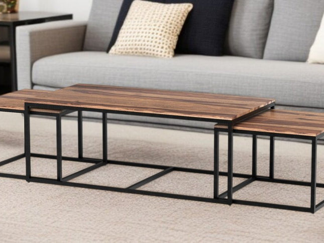 Set of Three 47" Natural And Black Solid Wood And Iron Coffee Table