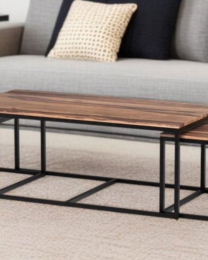 Set of Three 47" Natural And Black Solid Wood And Iron Coffee Table