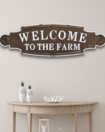 Welcome To The Farm Lacquered Black And White Metal Wall Art