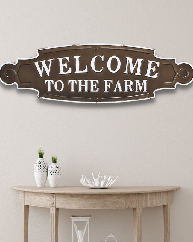 Welcome To The Farm Lacquered Black And White Metal Wall Art