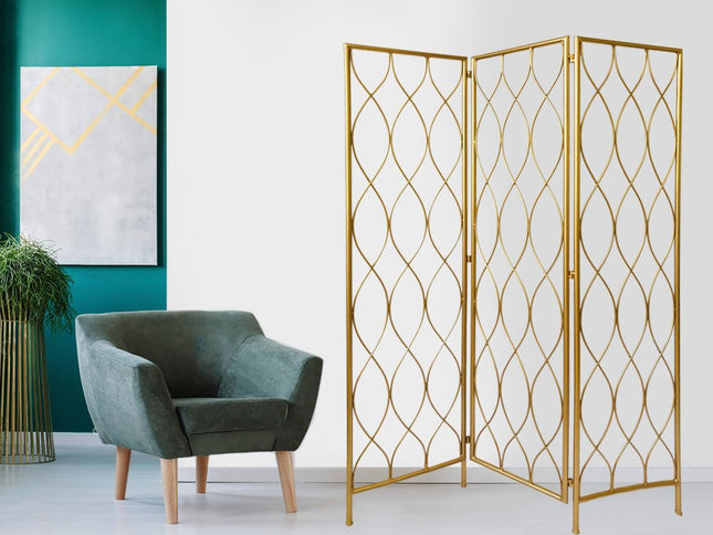 71" Gold Iron Folding Three Panel Screen Room Divider