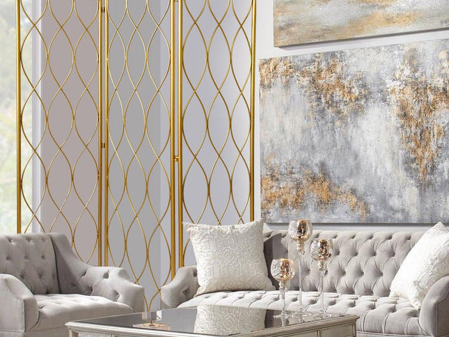 71" Gold Iron Folding Three Panel Screen Room Divider