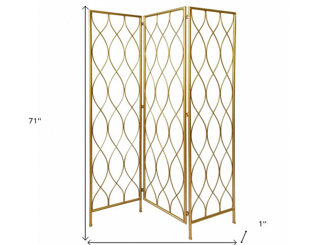 71" Gold Iron Folding Three Panel Screen Room Divider