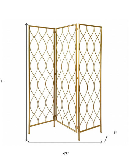 71" Gold Iron Folding Three Panel Screen Room Divider