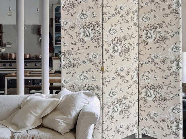 71" Beige and Black Fabric Folding Three Panel Screen Room Divider