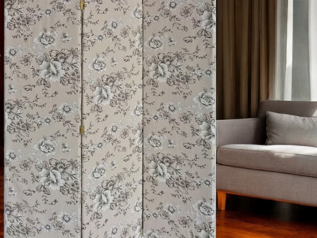 71" Beige and Black Fabric Folding Three Panel Screen Room Divider