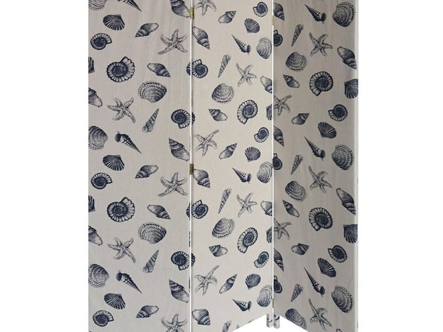 71" Blue and Beige Fabric Folding Three Panel Screen Room Divider