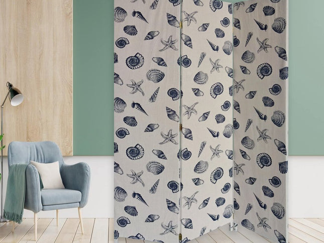 71" Blue and Beige Fabric Folding Three Panel Screen Room Divider