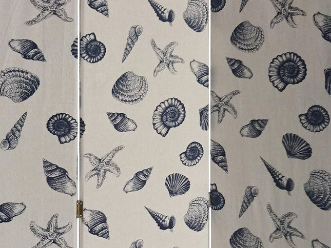 71" Blue and Beige Fabric Folding Three Panel Screen Room Divider