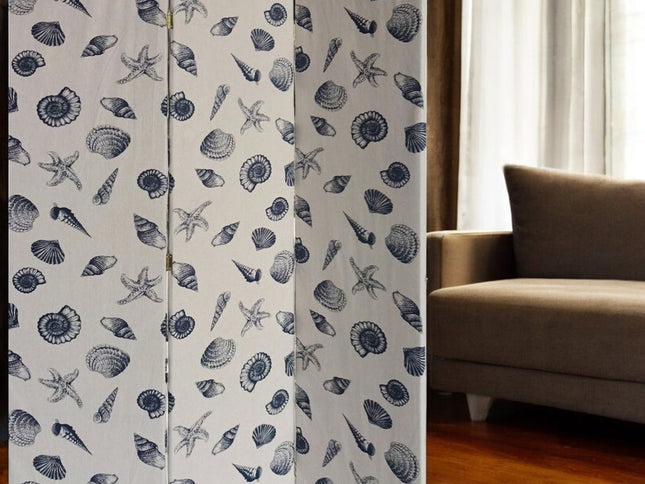 71" Blue and Beige Fabric Folding Three Panel Screen Room Divider