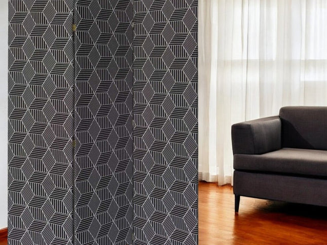 71" Black and White Fabric Folding Three Panel Screen Room Divider
