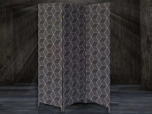 71" Black and White Fabric Folding Three Panel Screen Room Divider