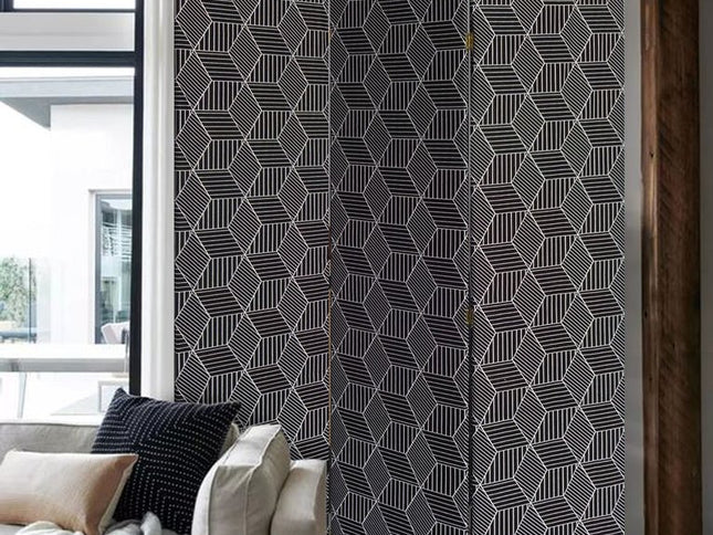 71" Black and White Fabric Folding Three Panel Screen Room Divider