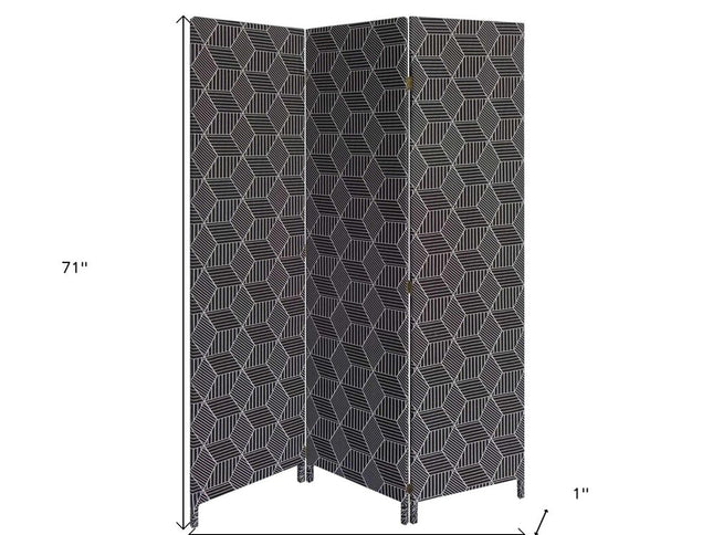 71" Black and White Fabric Folding Three Panel Screen Room Divider