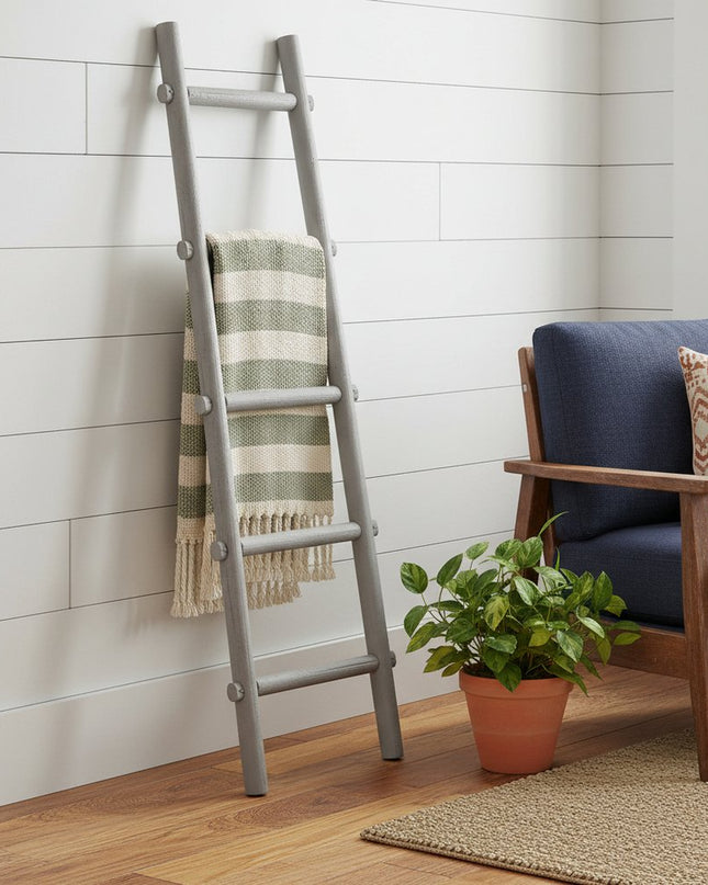 59" Gray Five Step Rustic Weathered Grey Wood Ladder Shelf