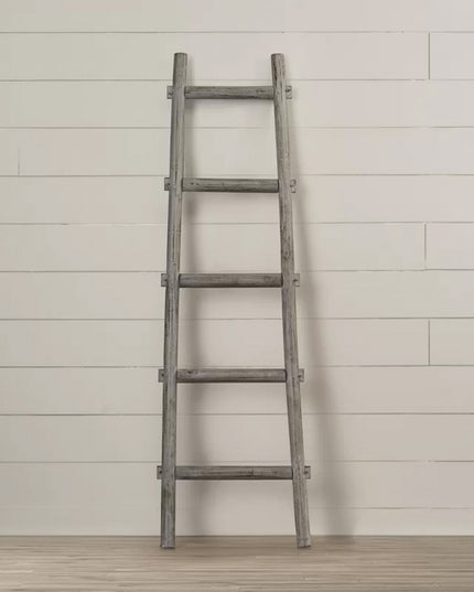 59" Gray Five Step Rustic Weathered Grey Wood Ladder Shelf