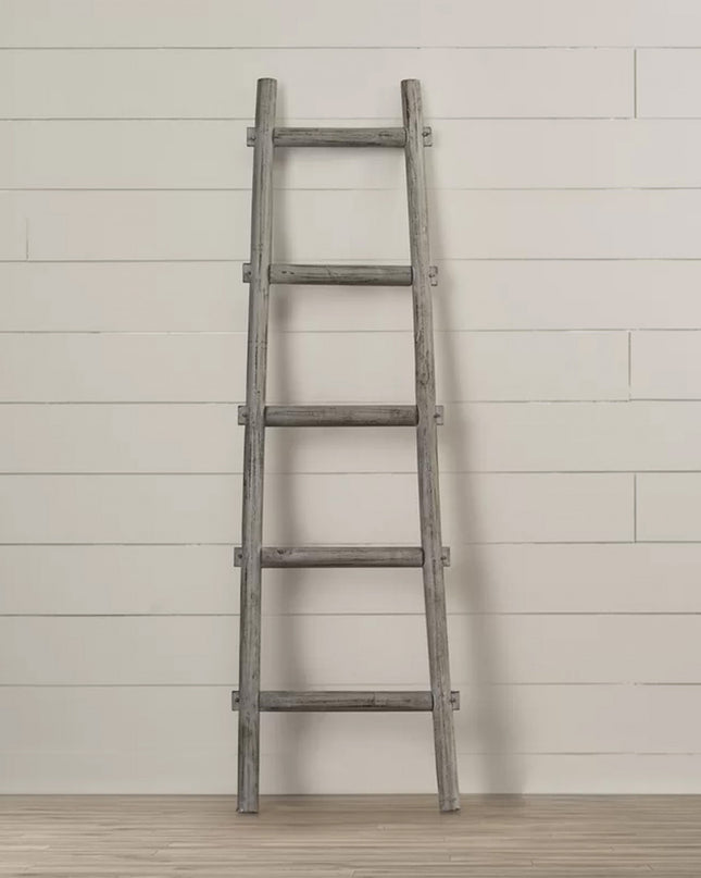 59" Gray Five Step Rustic Weathered Grey Wood Ladder Shelf
