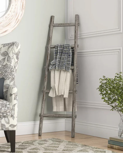 59" Gray Five Step Rustic Weathered Grey Wood Ladder Shelf