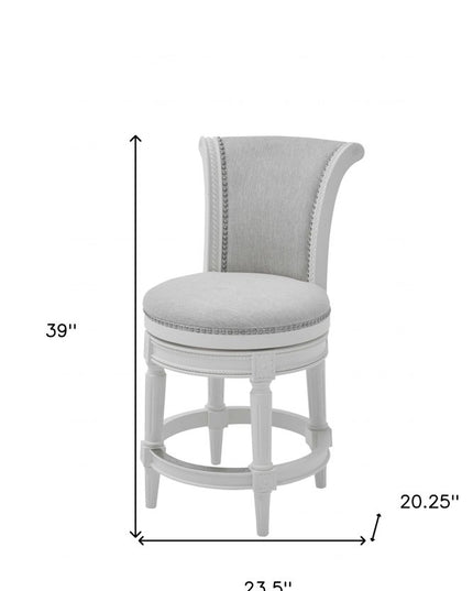 39" Light Gray and White Fabric Counter Height Swivel Bar Chair