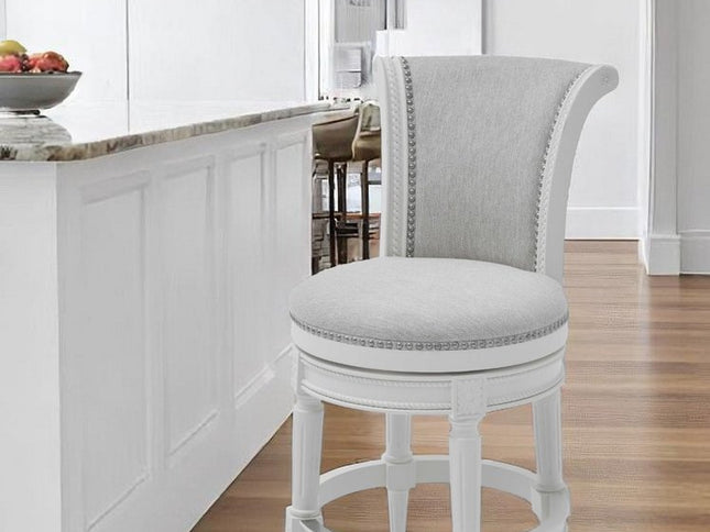 39" Light Gray and White Fabric Counter Height Swivel Bar Chair