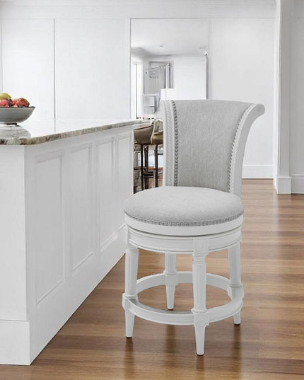39" Light Gray and White Fabric Counter Height Swivel Bar Chair