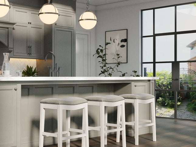 31" Light Gray And White Upholstered And Solid Wood Backless Bar Height Bar Chair