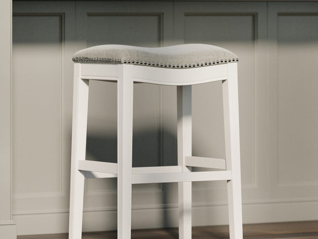 31" Light Gray And White Upholstered And Solid Wood Backless Bar Height Bar Chair