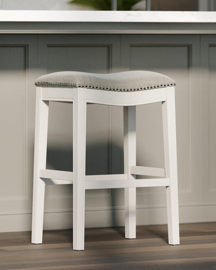 31" Light Gray And White Upholstered And Solid Wood Backless Bar Height Bar Chair